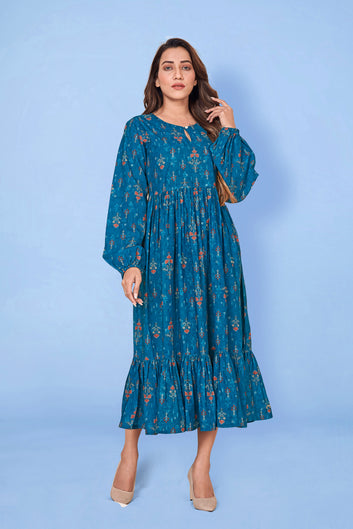 Women’s Blue BSY Polyester Floral Print Gathered Dresses