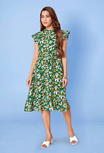 Women’s BSY Polyester Green Ruffle Floral Printed Dresses
