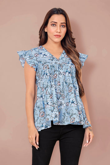 Women’s Powder Blue BSY Polyester Floral Print Top