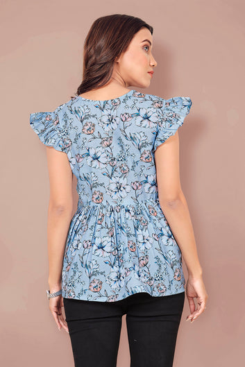 Women’s Powder Blue BSY Polyester Floral Print Top