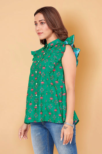 Fashion Dream Women’s BSY Polyester Green Floral Print Top