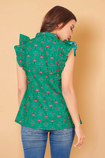 Fashion Dream Women’s BSY Polyester Green Floral Print Top