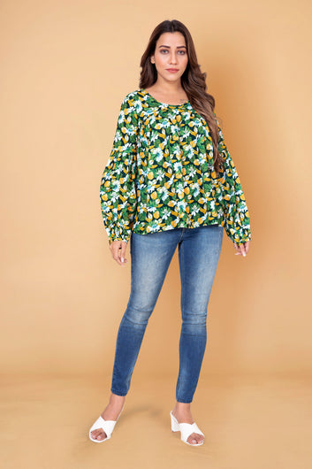 Women’s Green Floral Printed Gathered Top