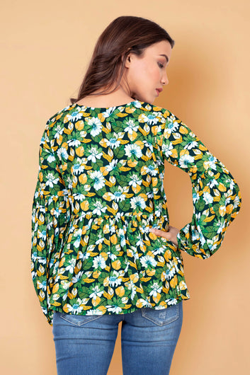 Women’s Green Floral Printed Gathered Top