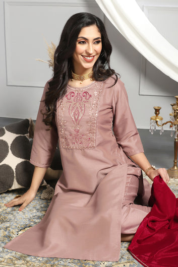 Women's Chikoo Embroidered Kurta With Pant And Dupatta Set