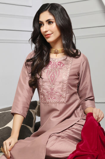 Women's Chikoo Embroidered Kurta With Pant And Dupatta Set