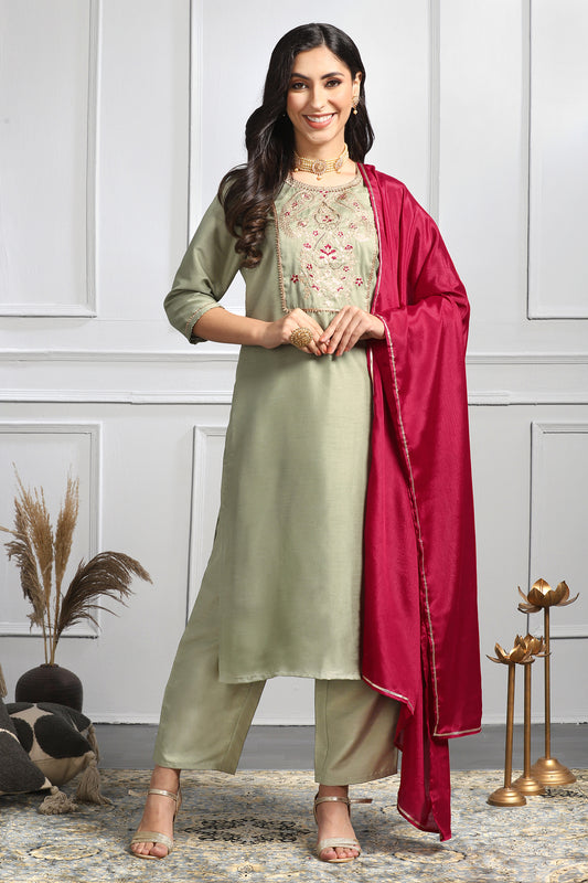 Women's Pista Embroidered Kurta With Pant And Dupatta Set
