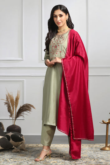 Women's Pista Embroidered Kurta With Pant And Dupatta Set