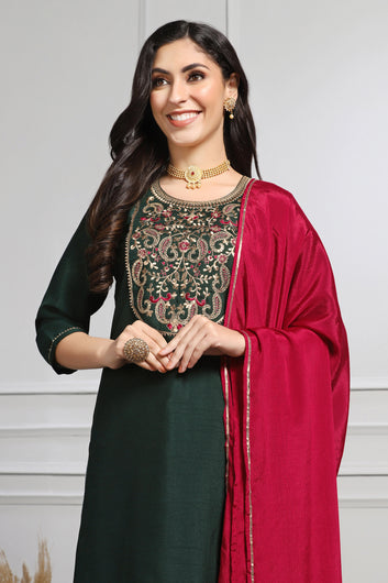 Women's Bottle Green Embroidered Kurta With Pant And Dupatta Set