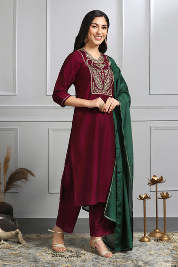 Women's Maroon Embroidered Kurta With Pant And Dupatta Set