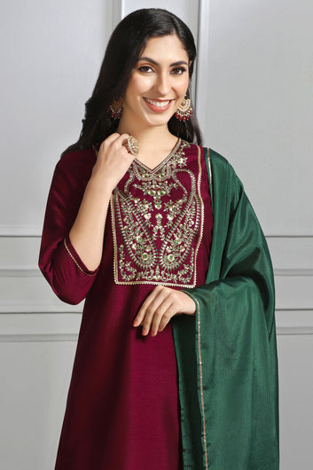 Women's Maroon Embroidered Kurta With Pant And Dupatta Set