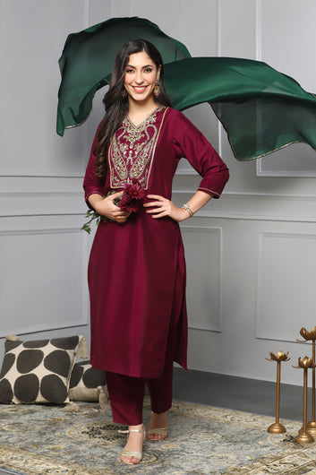 Women's Maroon Embroidered Kurta With Pant And Dupatta Set