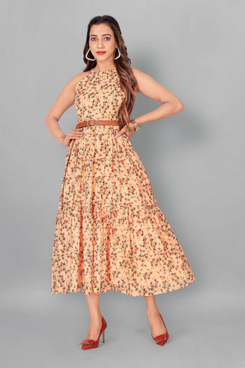 Women’s Georgette Cream A-Line Floral Print Dresses