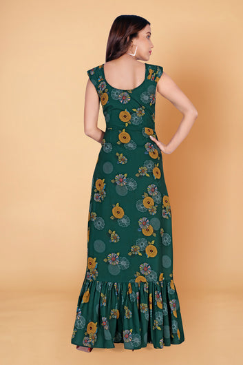 Women’s Teal Green American Crepe Floral Print Ruffle Dresses