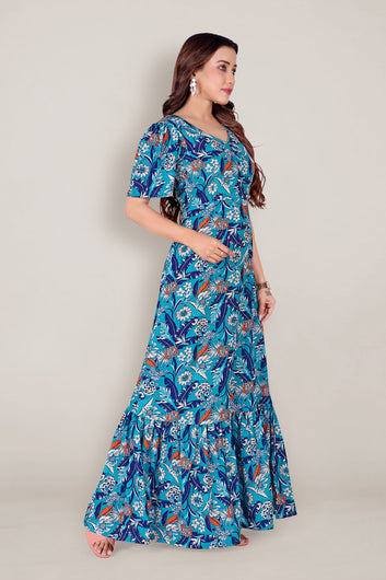 Womens Blue Crepe Floral Print Ruffle Hem Dresses