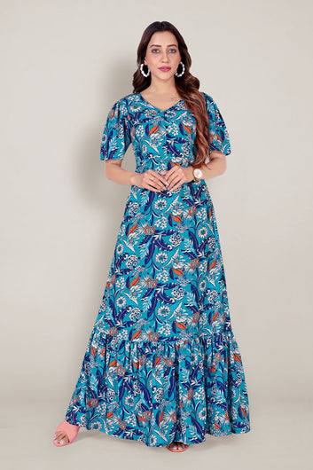 Womens Blue Crepe Floral Print Ruffle Hem Dresses
