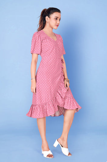 Women’s Baby Pink Polyester Blend Asymmetric Dresses