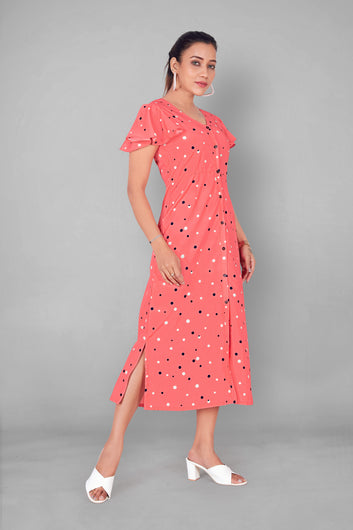 Women’s Coral Pink Polyester Blend Polka Print A-Line Dresses