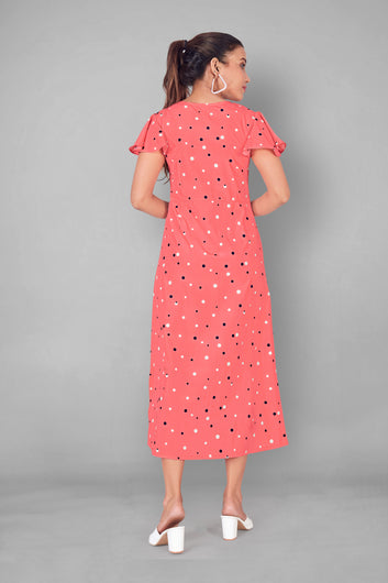 Women’s Coral Pink Polyester Blend Polka Print A-Line Dresses