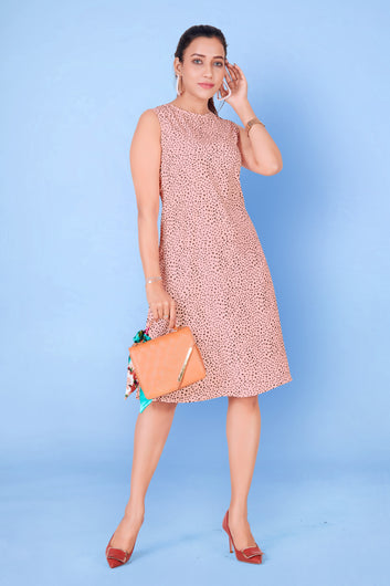 Women’s Peach Polyester Blend Digital Print A-Line Dresses