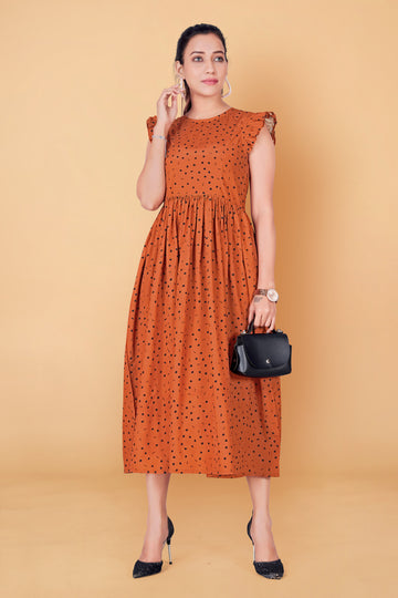 Women’s Rust Polyester Blend Gathered Dresses