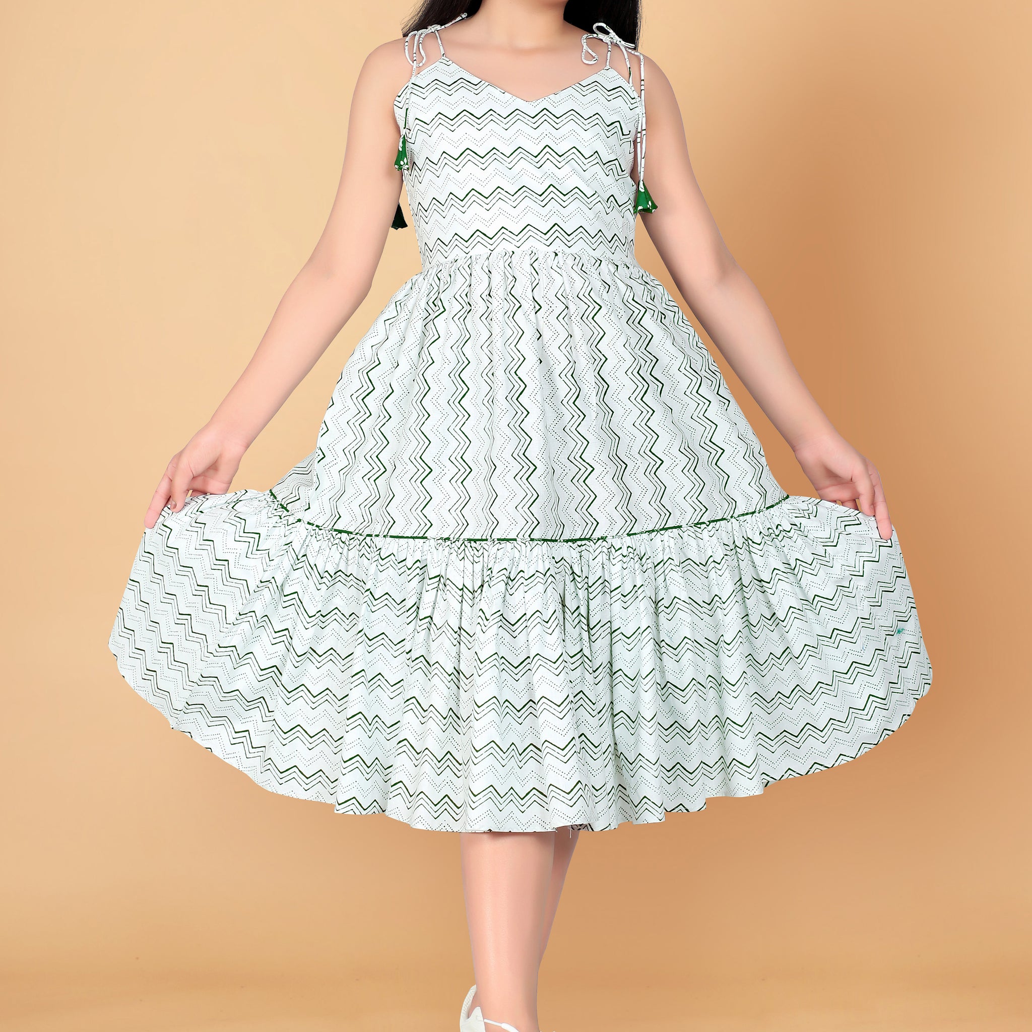 Girl’s Pure Cotton Geometric Print Calf Length Tie-Up Dresses