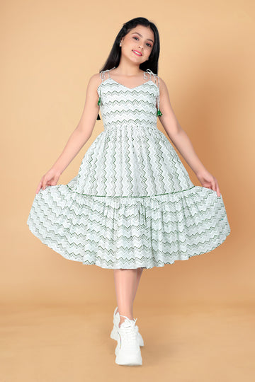 Girl’s Pure Cotton Geometric Print Calf Length Tie-Up Dresses