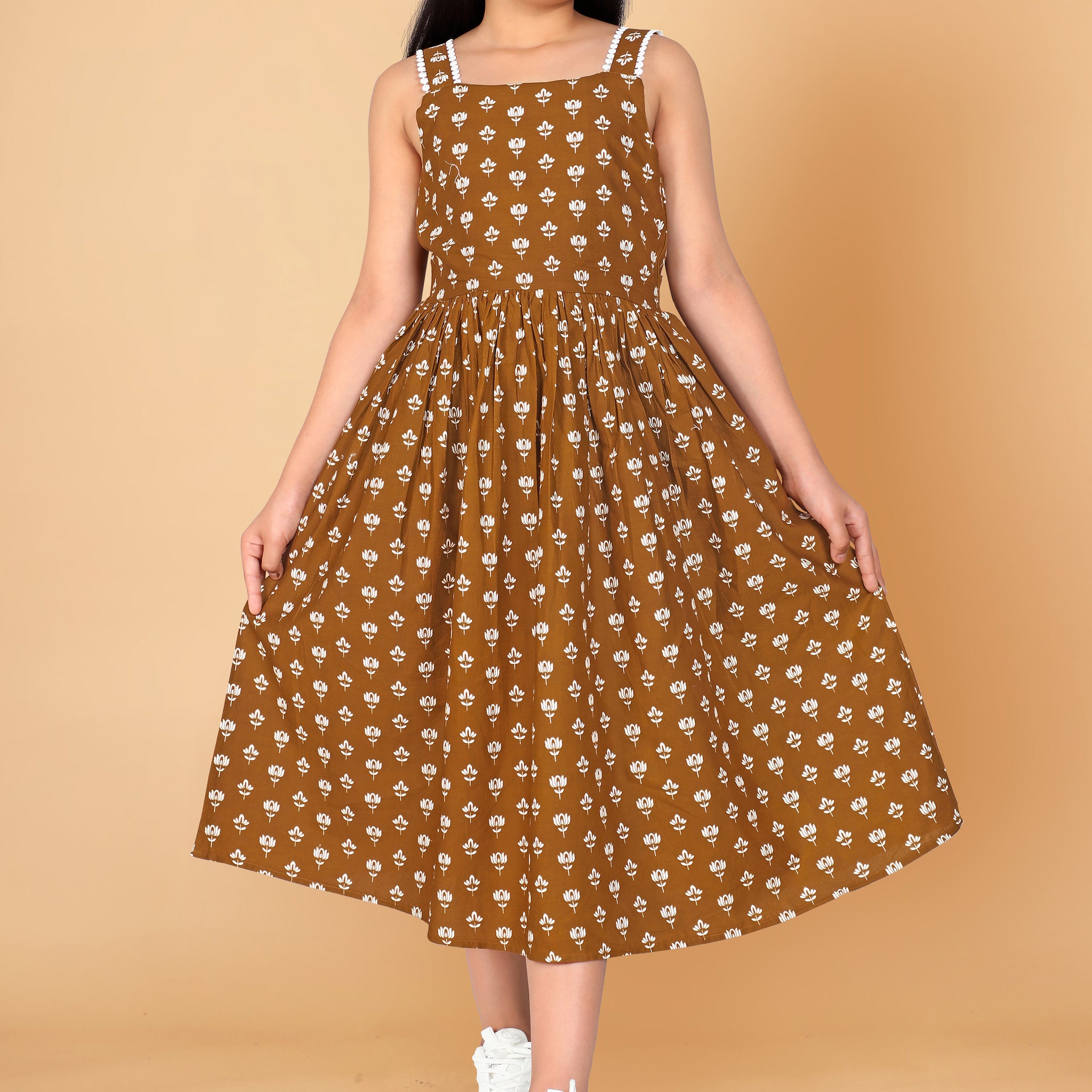 Girl’s Pure Cotton Floral Print Calf Length Dresses