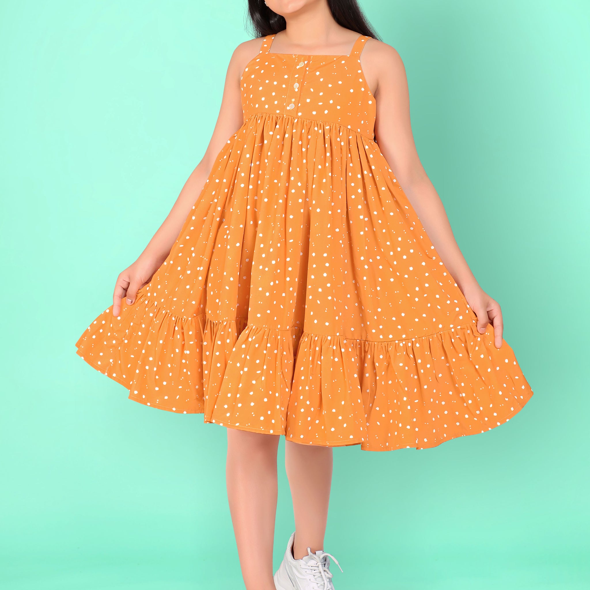 Girl’s Orange Polyester Blend Knee Length Dresses