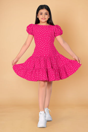 Girl’s Pink Polyester Blend Above Knee Length Ruffle Dresses