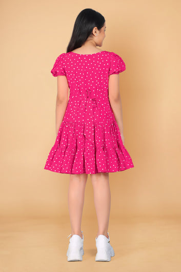 Girl’s Pink Polyester Blend Above Knee Length Ruffle Dresses