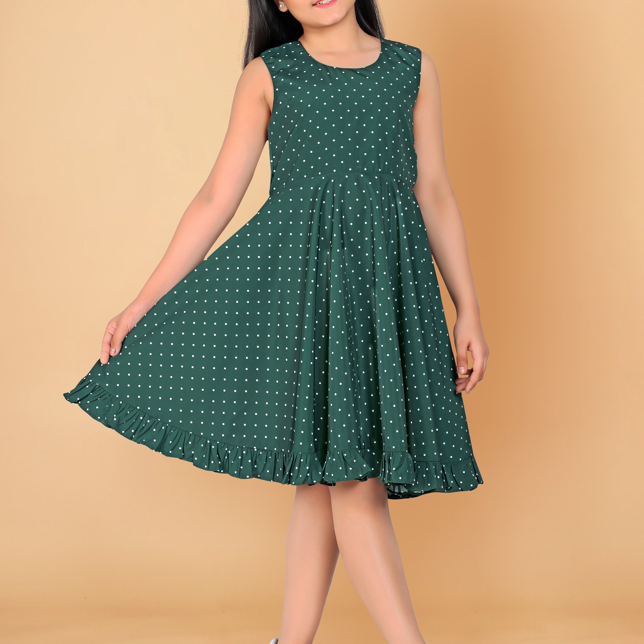 Girl’s Dark Green Polyester Blend Knee Length Dresses