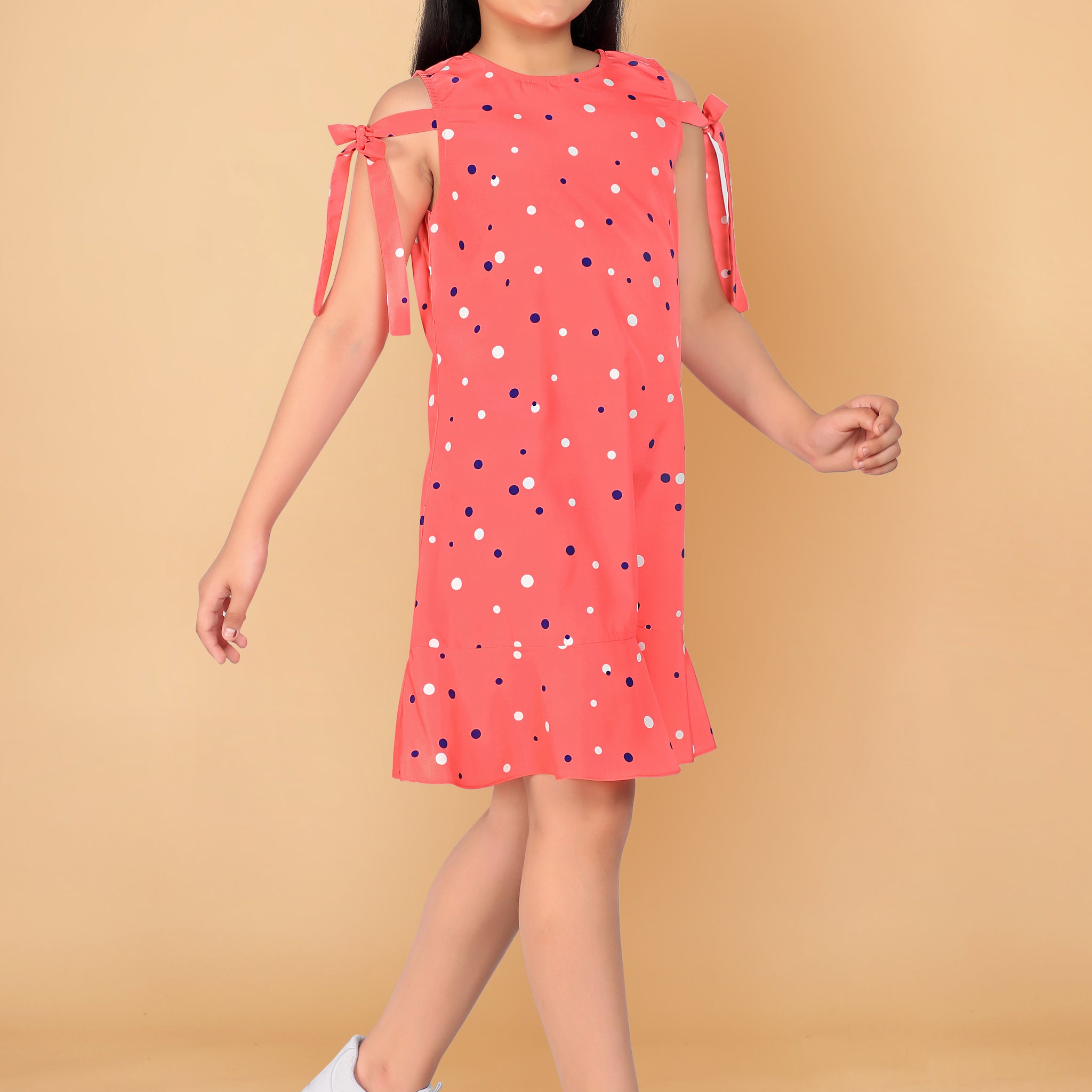 Girl’s Coral Pink Polyester Blend Knee Length Dresses