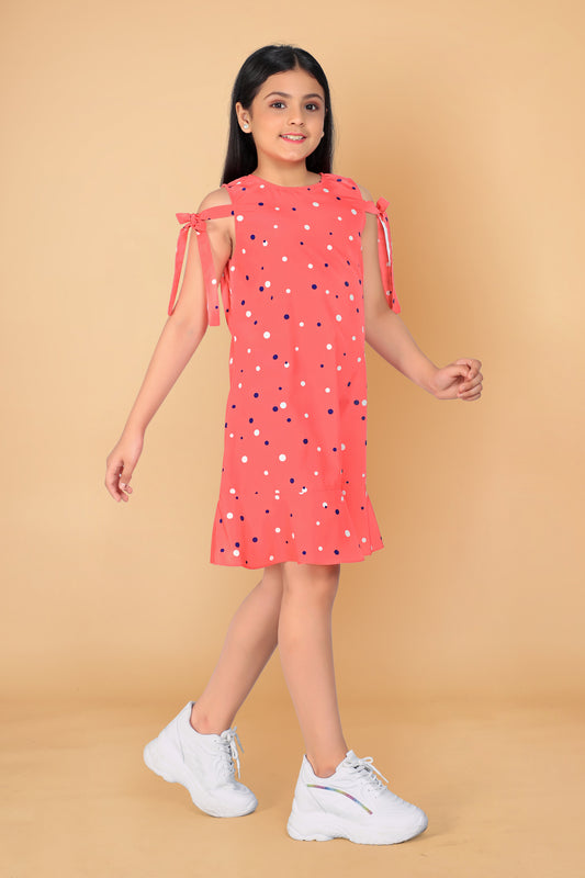 Girl’s Coral Pink Polyester Blend Knee Length Dresses