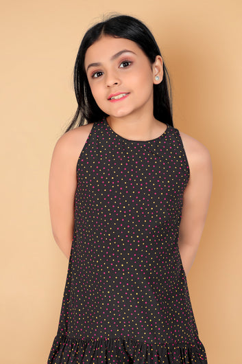 Girl’s Black Polyester Blend Up and Down Ruffle Dress