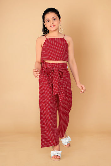 Girl’s Maroon Polyester Blend Crop Top with Pant Set