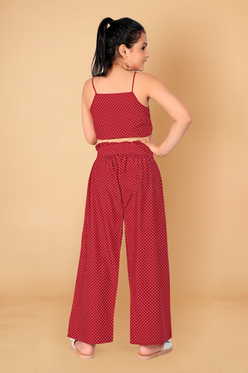 Girl’s Maroon Polyester Blend Crop Top with Pant Set