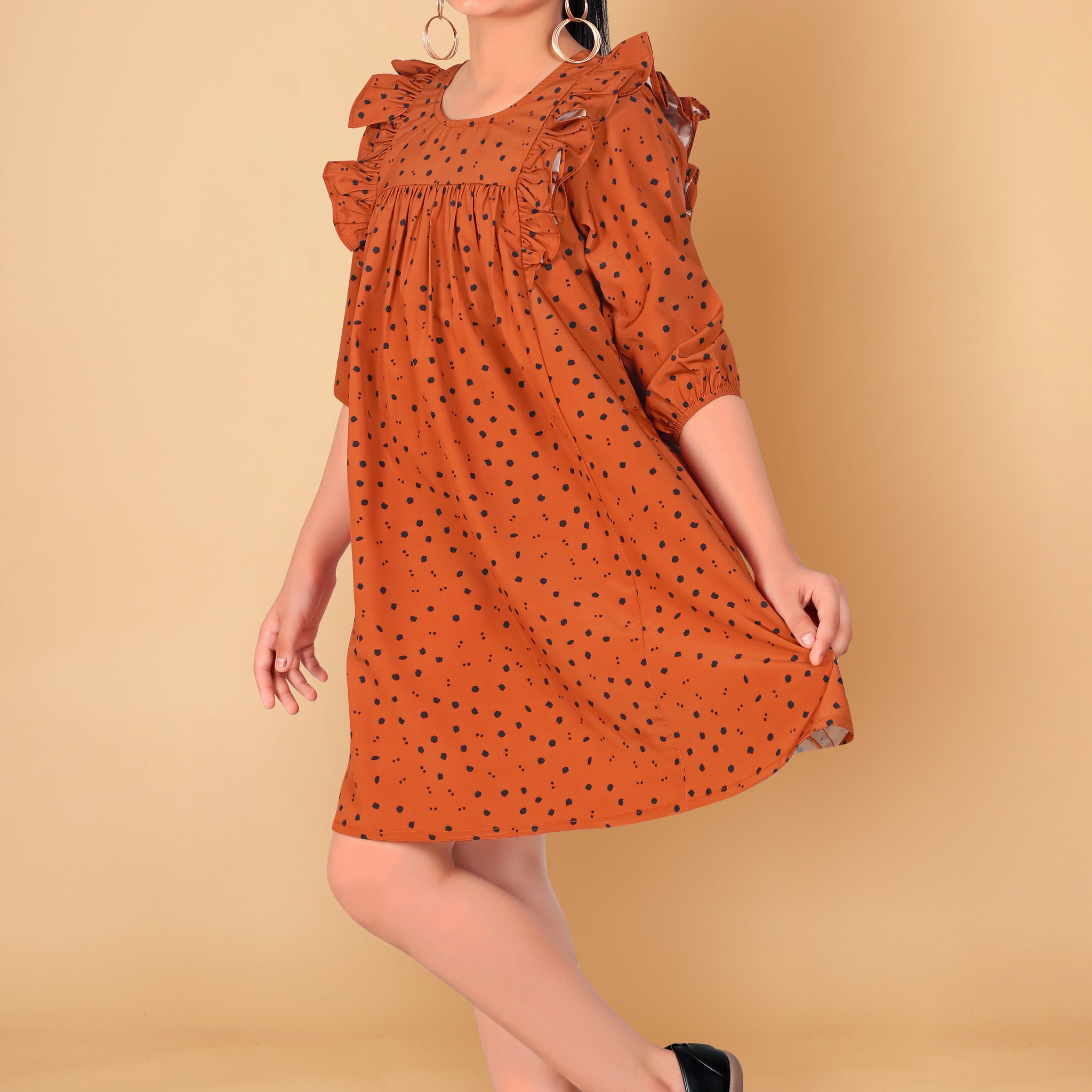Girl’s Rust Polyester Blend Above Knee Length Flared Dresses