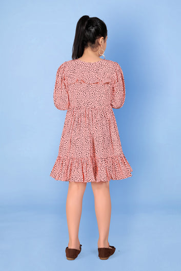 Girl’s Peach Polyester Blend Above Knee Length Dresses