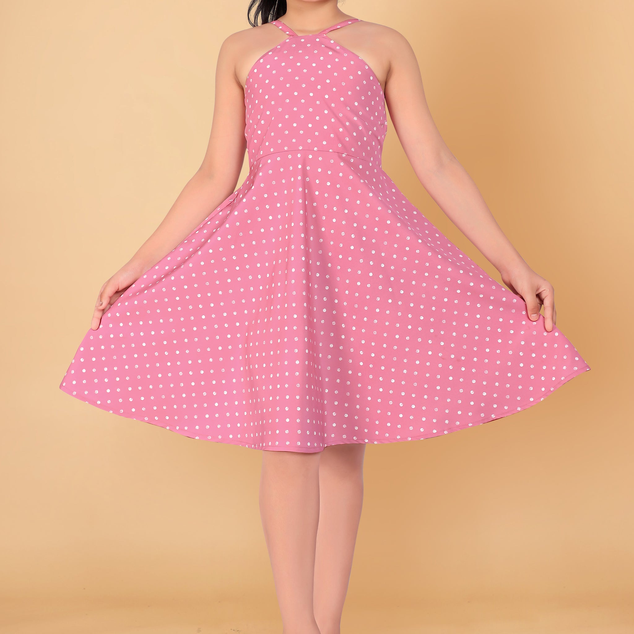 Girl’s Baby Pink Polyester Blend Knee Length Dresses