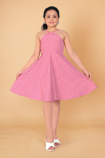 Girl’s Baby Pink Polyester Blend Knee Length Dresses