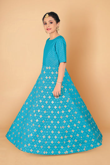 Girl's Crepe Silk Blue Maxi Length Foil Print Dresses