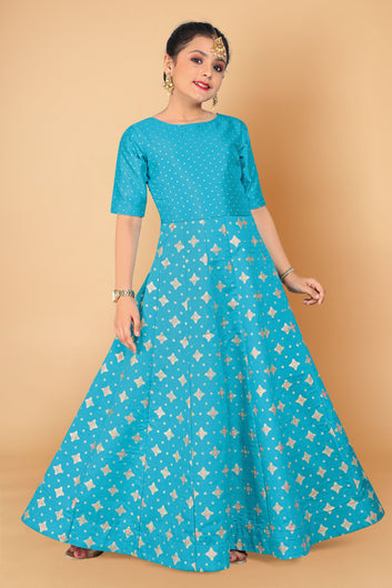 Girl's Crepe Silk Blue Maxi Length Foil Print Dresses
