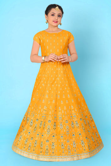 Girl's Crepe Silk Yellow Maxi Length Foil Print Dresses