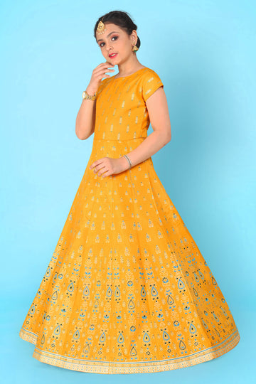 Girl's Crepe Silk Yellow Maxi Length Foil Print Dresses