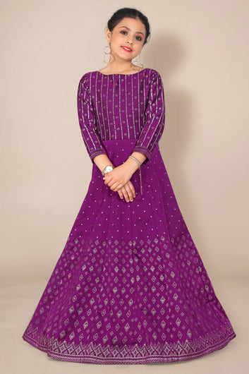 Girl’s Purple Taffeta Maxi Length Foil Printed Dresses