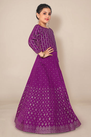 Girl’s Purple Taffeta Maxi Length Foil Printed Dresses