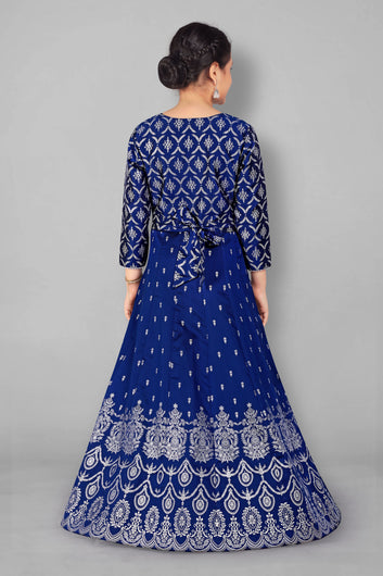 Girl’s Dark Blue Taffeta Maxi Length Foil Printed Dresses
