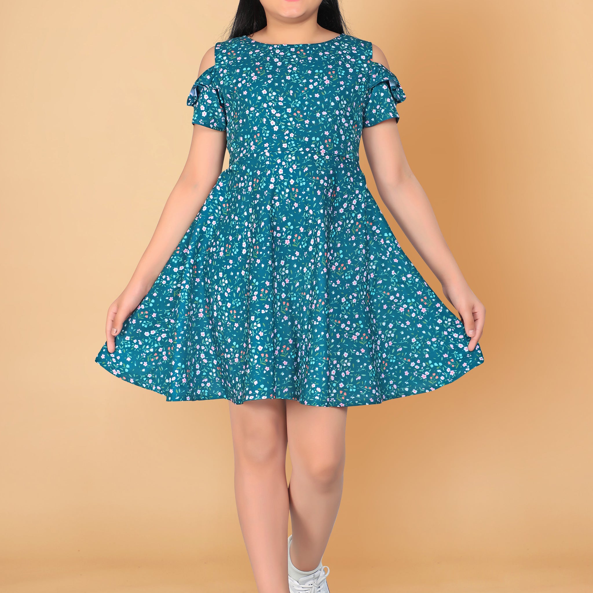 Girl’s Teal Blue Poly Rayon Knee Length Fit and flared Dresses