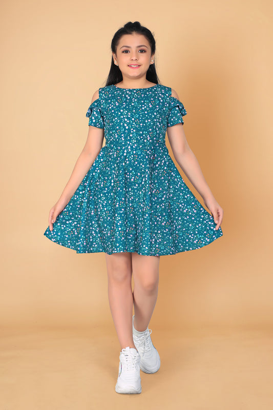 Girl’s Teal Blue Poly Rayon Knee Length Fit and flared Dresses
